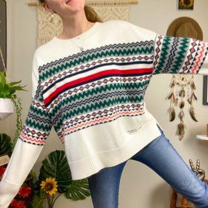 Tommy Hilfiger Christmas Print Oversized White Green Red Sweater Size Large